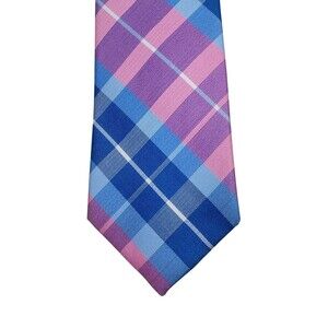 Club Room Tie Mens OS Pink Blue Carew Plaid‎ Polyester Woven Classic Necktie New